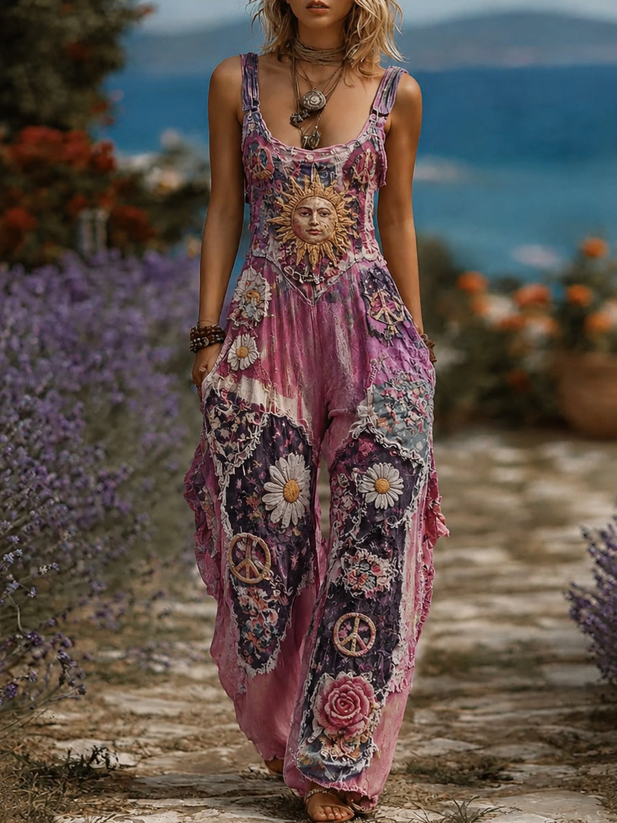 Women's Retro Style Art Print Washed Cotton Denim Patchwork Jumpsuit